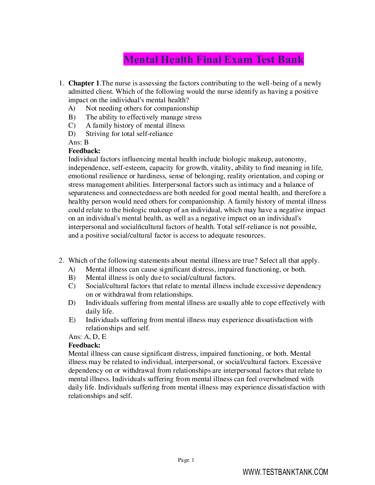 Preview of Mental Health Final Test 1 Questions,Answers/Rationales / NURS 3252 Mental Health Final Ex